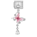 Eslabón de acero para pulsera italiana con colgante de mariposa rosa y cristalino - Estilo de Gota de Strass de Mariposa Rosa Plateada (ICG687-4)