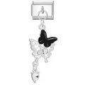 Charm italiano de acero inoxidable con mariposa negra y colgante de corazón de cristal - Estilo de Corazón de Perla de Mariposa Negra Plateada (ICG689-1)