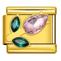 Gold Italian charm with pear pink and marquise green crystals for modular bracelet - Golden Pink and Green Gem Flower Style (ICJ3240-3) / 1 Piece