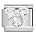 Stainless steel Italian charm link with silver-tone bow and faceted clear crystal inlay - Silver Bow Style (ICJ3242-1) / 1 Piece