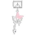 Abalorio italiano de acero inoxidable con mariposa rosa y colgante de cristal de corazón - Estilo de Corazón de Perla de Mariposa Rosa (ICG689-4)