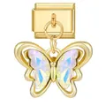 Abalorio italiano de acero dorado con colgante de mariposa iridiscente y brillo elegante - Estilo de Mariposa de Piedra Iridiscente Dorada (ICG719-1)