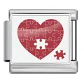 Detailed view of the red heart puzzle pattern on a stainless steel modular bracelet link - Silver Base Heart Puzzle Style (ICP-JCAA0127-1)
