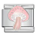 Italian charm link with pink enamel mushroom design in polished stainless steel - Pink Mushroom Style (ICJ3537)