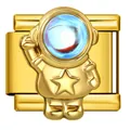 Detailed view of a golden astronaut Italian charm link with blue crystal visor - Gold 3D Astronaut (ICJ3669)