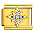 Detailed view of a gold-plated stainless steel Italian charm with a starburst pattern and stones. - Gold Compass Star Rhinestone Style (ICJ3728)