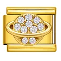 Detailed close-up of a golden Italian charm bracelet link with a sparkling crystal planet design - Gold Rhinestone Saturn (ICJ3706)