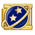 Detailed view of gold Italian charm link with blue Saturn and stars enamel design - Gold Saturn Star Enamel (ICJ3684)