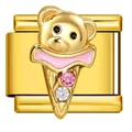 Italienisches Modul-Charm aus goldfarbenem Edelstahl mit 3D-Bär und Eistüte - Eisbär (ICJ3639)