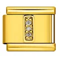 Charm modulare italiano in acciaio inossidabile dorato con tre cristalli trasparenti - Lettera I (J3525) / Oro