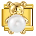 Goldener Edelstahl 3D Teddybär-Modul-Charm mit weißer Perle für individuelles Armband - Bär mit Perle (ICJ3644)
