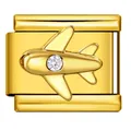 Gold Italian modular bracelet charm link featuring a crystal-studded airplane design - Gold Rhinestone Airplane (ICJ3665)