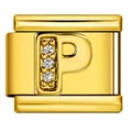 Charm link italiano in acciaio inossidabile dorato con lettera P e cristalli per gioielli DIY - Lettera P (J3525) / Oro
