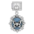 Italian modular bracelet charm with stainless steel butterfly pendant and blue denim base. - Blue Denim Rhinestone Butterfly (ICG738-1)