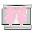 Italian modular bracelet charm with a pink enamel bow on a stainless steel link - Pink Enamel Bow Style (ICJ1060) / 1 Piece