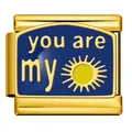 Gouden Italiaanse bedel-link met 'you are my sun' blauw emaille voor DIY-armband - "You Are My" zonnepatroon (ICJ130-2) / Goud-Blauw