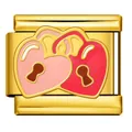 Gold Italian modular charm link with double heart lock design - Pink and Red Heart Padlock Pattern(ICJ286-2) / Gold