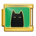 Gold Italian modular charm featuring a stylized black cat on a green enamel background. - Cat Silhouette on Green Pattern(ICJ297-2) / Gold