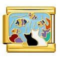 Gold Italian modular charm link with cats and fish enamel design for DIY bracelets. - Cats and Colorful Fish Pattern(ICJ590-2) / Gold