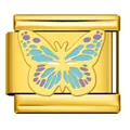 Gold Italian charm link with blue and purple butterfly enamel for DIY bracelets - Colorful Butterfly Pattern(ICJ689-10) / Gold
