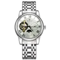 Silver-toned men's automatic mechanical watch featuring a textured white dial. - Silver Case White Face