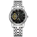 Close-up of luxury men's mechanical watch with black dial and tourbillon - Silver Case Black Dial