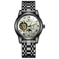 Elegant black stainless steel men's automatic mechanical watch with white textured dial - Black Case White Dial
