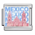 Stainless steel Italian charm link featuring pink Mexico landmark and blue text - Mexico (ICP-JCAA0074-1)