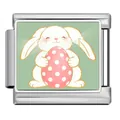 Stainless steel Italian charm link with cute Easter bunny holding a pink polka dot egg - Bunny with Dotted Egg (ICP-JCAA0180-1)