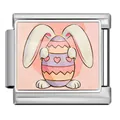 Close-up of a stainless steel Italian modular charm with a cute Easter bunny and egg design. - Rabbit Holding Egg (ICP-JCAA0151-1) / Silver