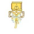 Eslabón de pulsera italiana dorada con colgante de lazo de cristal y acabado perlado. - Estilo de Lazo Iridiscente Dorado (ICG778)
