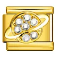 Golden stainless steel Italian charm link featuring a crystal-studded Saturn design - Golden White Rhinestone Saturn Style (ICJ3235-2) / 1 Piece / Gold