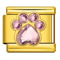 Gold Italian charm link featuring a sparkling pink crystal heart and paw print design. - Golden Pink Heart Paw Print (ICJ3230-4) / 1 Piece