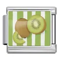Macro view of a stainless steel Italian charm link featuring a kiwi fruit design - Kiwi Style (JCAA0101-1)