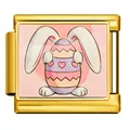 Gold stainless steel Italian charm link featuring an Easter bunny with a decorated egg - Rabbit Holding Egg (ICP-JCAA0151-2) / Gold