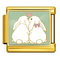 Italian modular bracelet charm with cute kissing rabbits and heart on green background - Back-to-Back Bunnies (ICP-JCAA0171-2) / 0.9x1.0cm / Gold