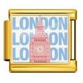 Golden stainless steel Italian charm link featuring pink Big Ben and blue London text - London (ICP-JCAA0077-2)