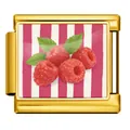 Close-up of gold Italian modular charm with raspberry pattern on striped background - Raspberry Style (JCAA0095-2)