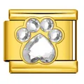 Gold plated stainless steel Italian charm link featuring a rhinestone paw print design. - Golden Heart Paw Print (ICJ3230) / 1 Piece