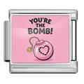 Stainless steel Italian charm link with pink heart bomb and You're the Bomb slogan - Silver Base Cartoon Bomb Style (ICP-JCAA0123-1)