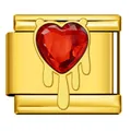 Gold stainless steel Italian charm featuring a red heart gemstone dripping design - Golden Drip Oil Red Heart (ICJ3233-2) / 1 Piece