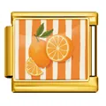 Gold stainless steel Italian charm link with a bright orange fruit pattern on stripes. - Orange Style (JCAA0097-2)