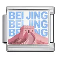 Stainless steel Italian charm bracelet link featuring a pink Beijing Great Wall design - Beijing (ICP-JCAA0079-1)