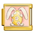 Gold Italian charm link featuring a cute Easter bunny holding a floral patterned egg - Rabbit Peeking Egg (ICP-JCAA0153-2)