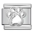Silver stainless steel Italian charm link featuring a sparkling rhinestone paw print - Silver Heart Paw Print (ICJ3230-1) / 1 Piece