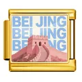 Golden Italian modular charm featuring a pink Beijing Great Wall design in stainless steel - Beijing (ICP-JCAA0079-2)