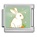 Stainless steel Italian charm link featuring white Easter rabbit and carrot on green - Bunny with Carrot (ICP-JCAA0175-1)
