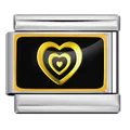 Link per bracciale italiano in acciaio inox con motivo a cuore dorato su smalto nero - Base Argento Stile Cuore Triplo Nero Oro (ICP-YC342-12SD)