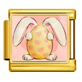 Gold-plated Italian charm bracelet link featuring a cute Easter bunny holding a heart egg - Heart Rabbit Ears Egg (ICP-JCAA0155-2)