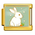 Gold Italian charm bracelet link featuring a cute white rabbit and orange carrot design - Bunny with Carrot (ICP-JCAA0175-2)